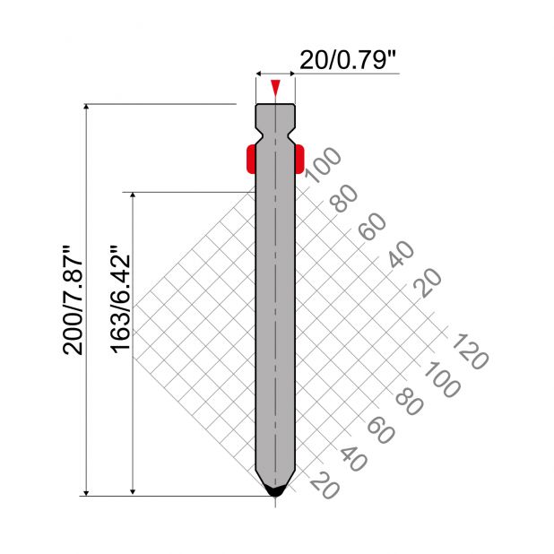 Razník typ R2, pracovní výška=163mm, α=60°, rádius=3mm, materiál=42Cr, max. zatížení=1300kN/m.