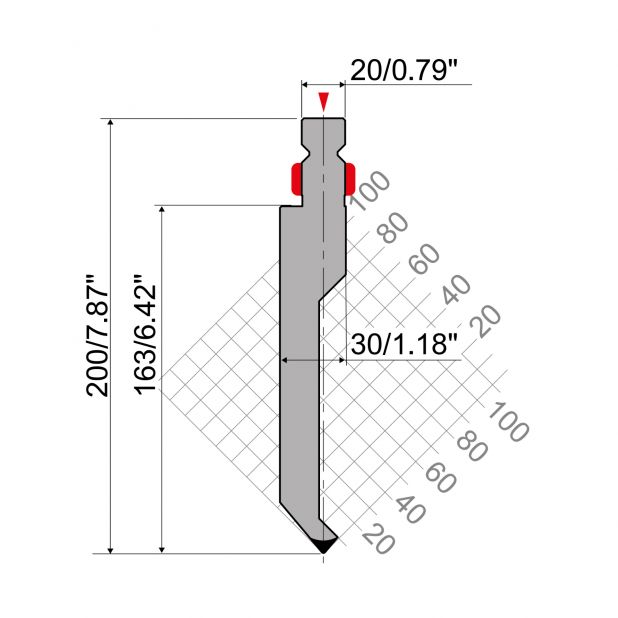 Razník typ R2, pracovní výška=163mm, α=80°, rádius=1mm, materiál=42Cr, max. zatížení=800kN/m.
