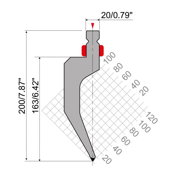 Razník typ R2, pracovní výška=163mm, α=60°, rádius=1mm, materiál=42Cr, max. zatížení=700kN/m.