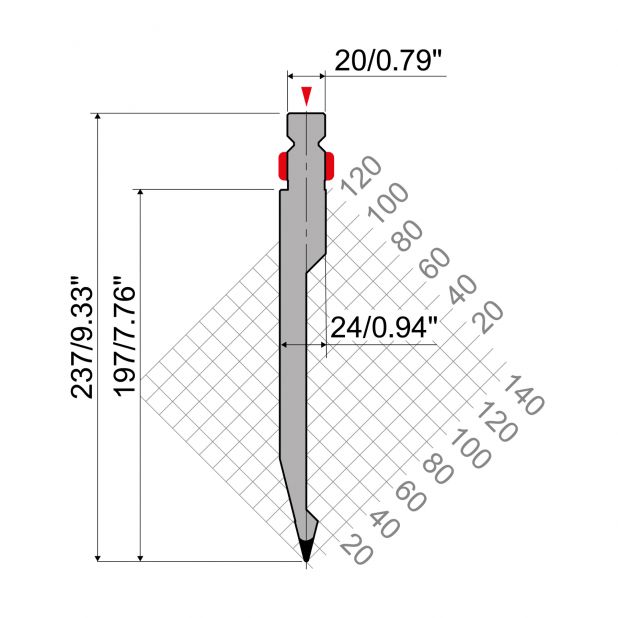 Razník typ R2, pracovní výška=197mm, α=28°, rádius=1mm, materiál=42Cr, max. zatížení=600kN/m.