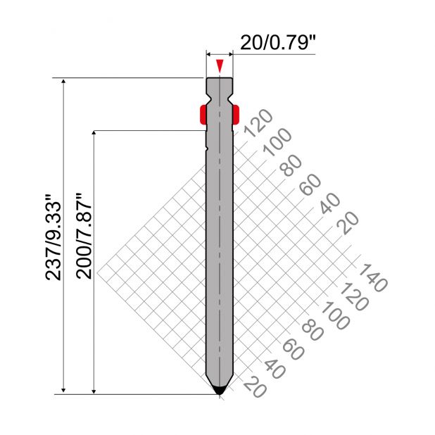Razník typ R2, pracovní výška=200mm, α=60°, rádius=3mm, materiál=42Cr, max. zatížení=1300kN/m.