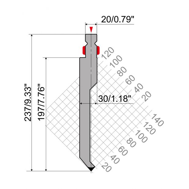Razník typ R2, pracovní výška=200mm, α=80°, rádius=1mm, materiál=42Cr, max. zatížení=800kN/m.