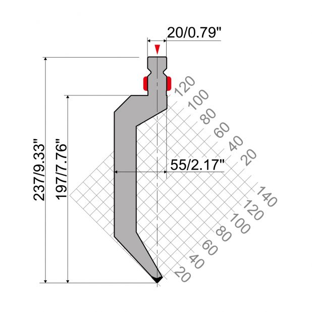 Razník typ R2, pracovní výška=200mm, α=86°, rádius=1mm, materiál=42Cr, max. zatížení=500kN/m.