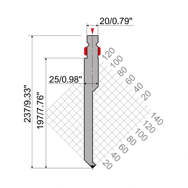 Razník typ R2, pracovní výška=200mm, α=90°, rádius=0,6mm, materiál=42Cr, max. zatížení=600kN/m.
