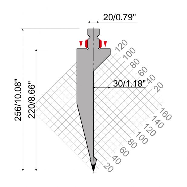 Razník typ R2, pracovní výška=220mm, α=28°, rádius=1mm, materiál=42Cr, max. zatížení=600kN/m.