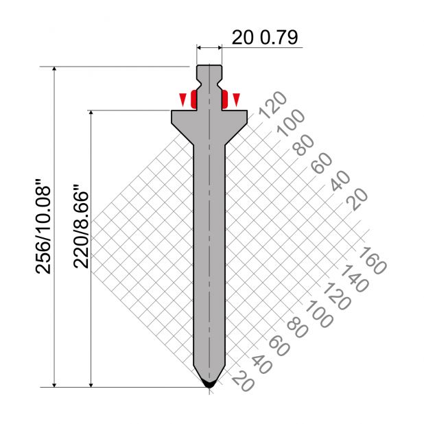 Razník typ R2, pracovní výška=220mm, α=60°, rádius=4mm, materiál=42Cr, max. zatížení=1300kN/m.
