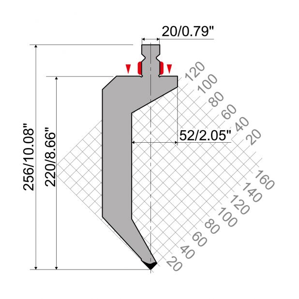 Razník typ R2, pracovní výška=220mm, α=86°, rádius=1mm, materiál=42Cr, max. zatížení=800kN/m.
