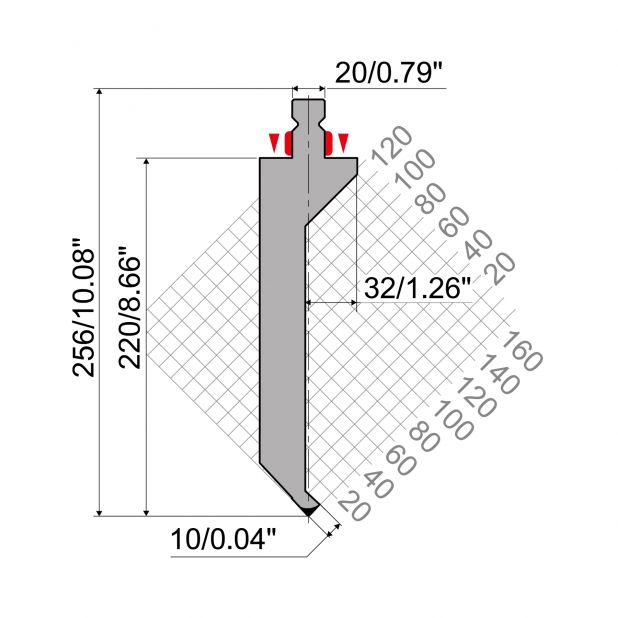 Razník typ R2, pracovní výška=220mm, α=86°, rádius=1mm, materiál=42Cr, max. zatížení=800kN/m.