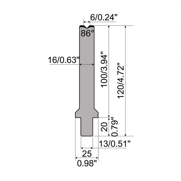 Razník typ R2 European řada TOP, pracovní výška=100mm, α=86°, rádius=2mm, materiál=42Cr, max. zatíž