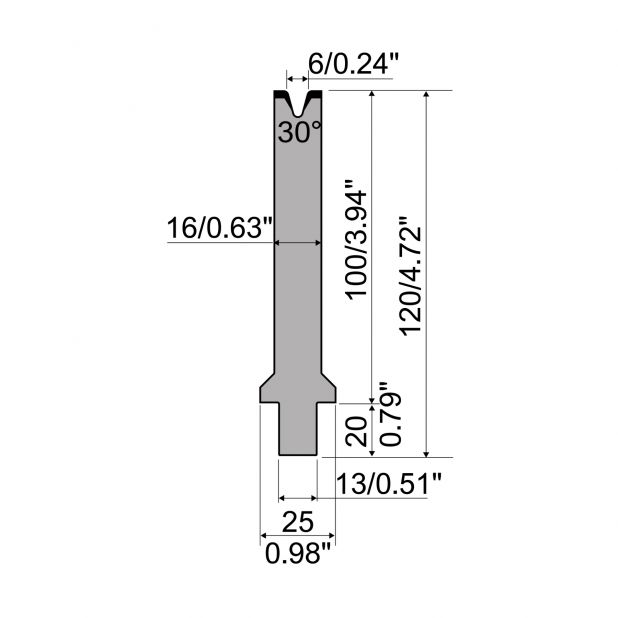 Matrice typ R2, pracovní výška=100mm, α=30°, rádius=2mm, materiál=42Cr, max. zatížení=400kN/m.