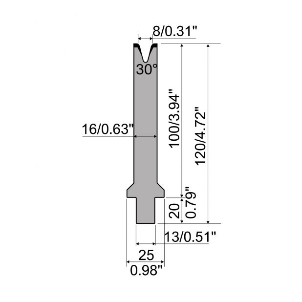 Matrice typ R2, pracovní výška=100mm, α=30°, rádius=2,5mm, materiál=42Cr, max. zatížení=400kN/m.