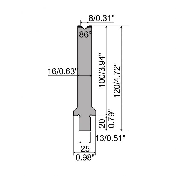 Matrice typ R2, pracovní výška=100mm, α=86°, rádius=2,5mm, materiál=42Cr, max. zatížení=400kN/m.