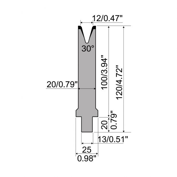 Matrice typ R2, pracovní výška=100mm, α=30°, rádius=3mm, materiál=42Cr, max. zatížení=400kN/m.