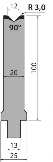 Matrice typ R2, pracovní výška=100mm, α=90°, rádius=3mm, materiál=42Cr, max. zatížení=1200kN/m.